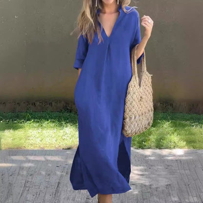 Hannah- Chic and Breezy V-Neck Linen Dress for Women