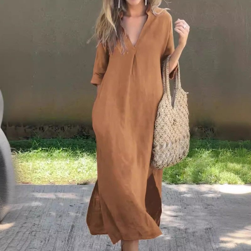 Hannah- Chic and Breezy V-Neck Linen Dress for Women