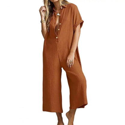 Women’s Textured Button-Down Summer Short Sleeve Jumpsuit | Ideal for Summer