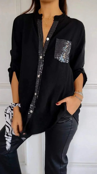 Susie - Chic V-Neck Shirt with Sparkling Sequin Details for Women