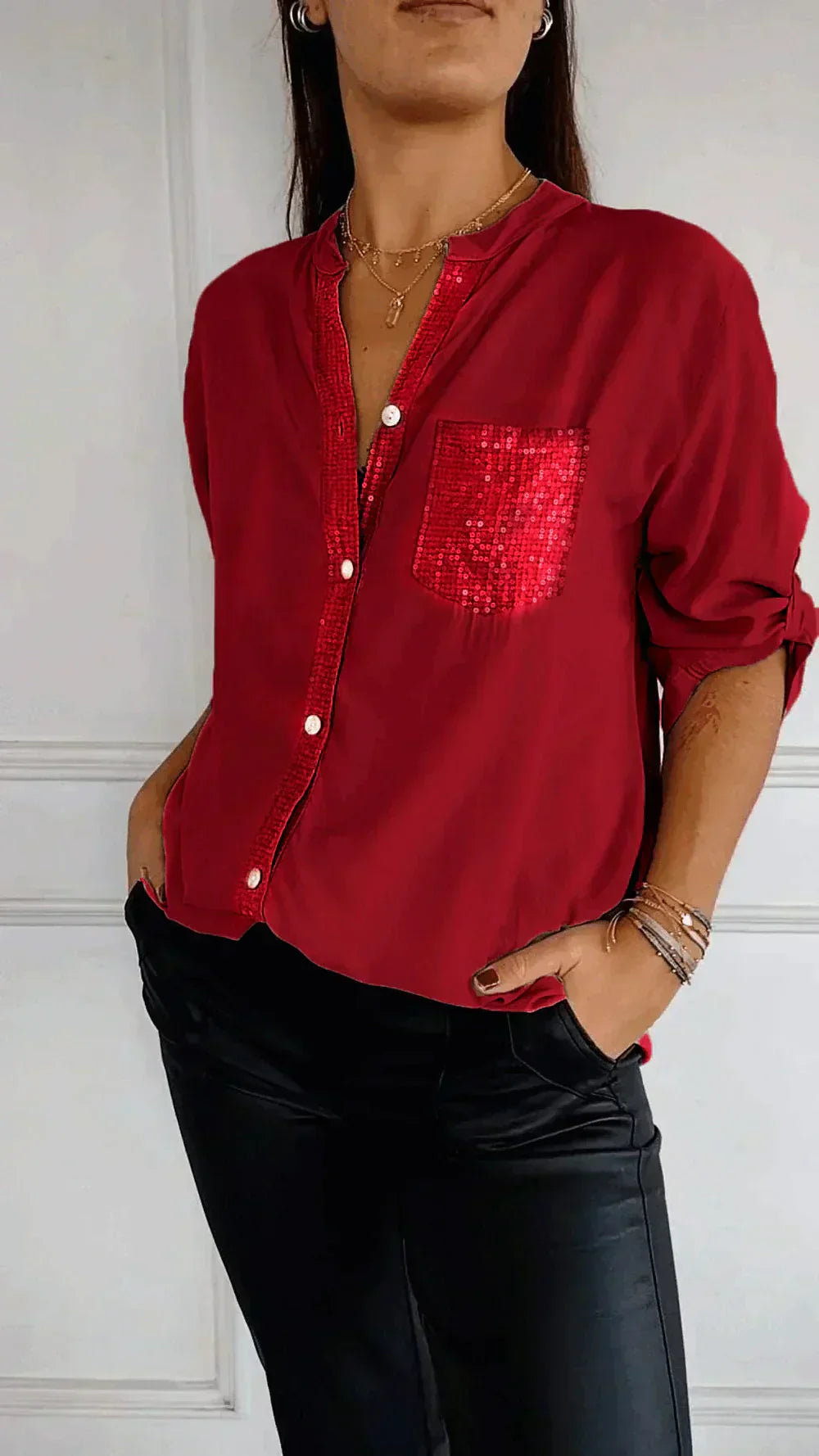 Susie - Chic V-Neck Shirt with Sparkling Sequin Details for Women