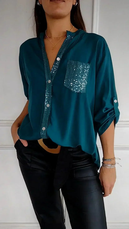 Susie - Chic V-Neck Shirt with Sparkling Sequin Details for Women