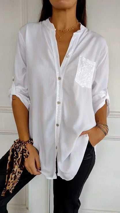 Susie - Chic V-Neck Shirt with Sparkling Sequin Details for Women