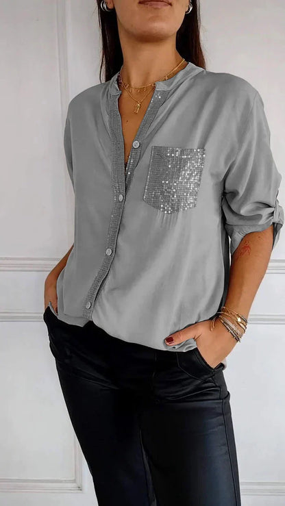 Susie - Chic V-Neck Shirt with Sparkling Sequin Details for Women