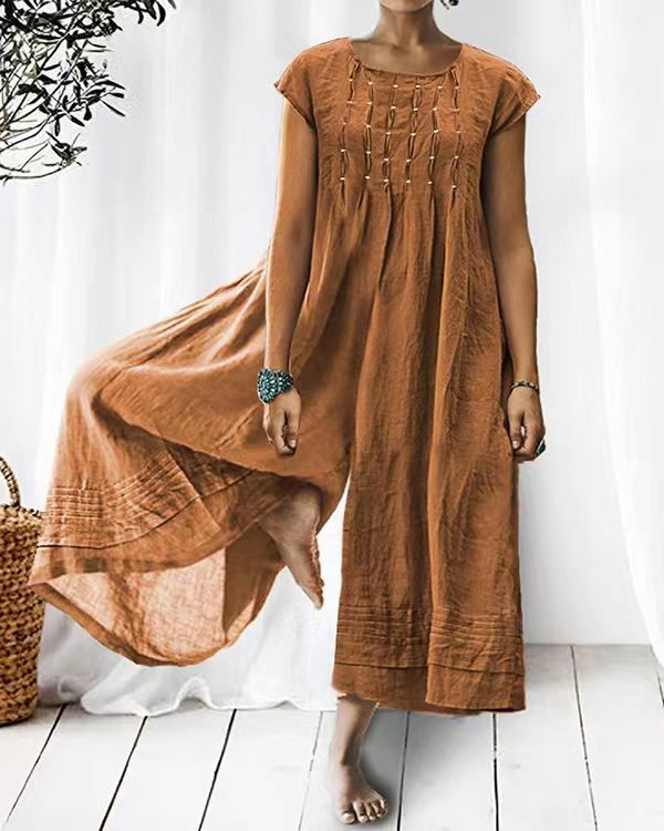 Women's Loose Wide-Leg Short Sleeve Linen One-Piece Jumpsuit with Pleated Sleeves | Ideal for Spring/Summer