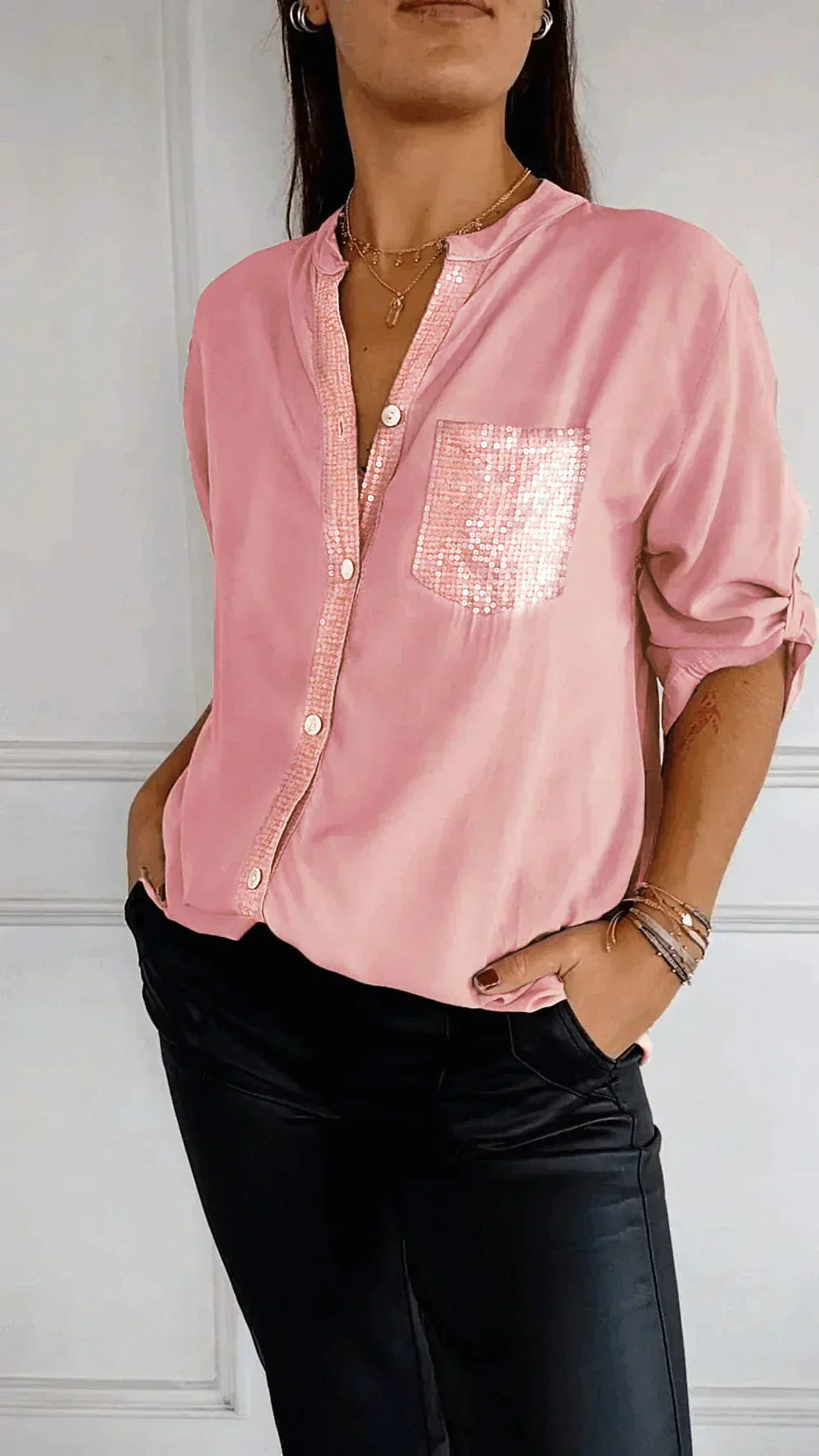 Susie - Chic V-Neck Shirt with Sparkling Sequin Details for Women