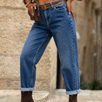 Effortless Deep Blue Relaxed Mom Jeans for Women with High Waist Cuffed Straight Leg