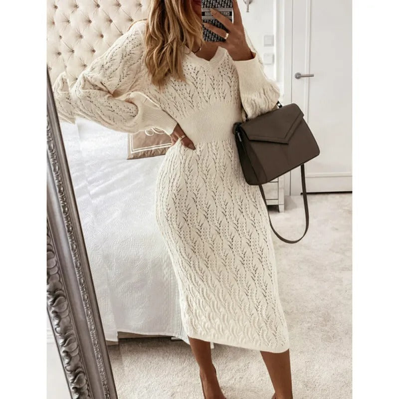 Casual cotton Solid Eyelet Sweater V-Neck Long Sleeve Midi Formal Dress for Women | Ideal for Formal Occasions