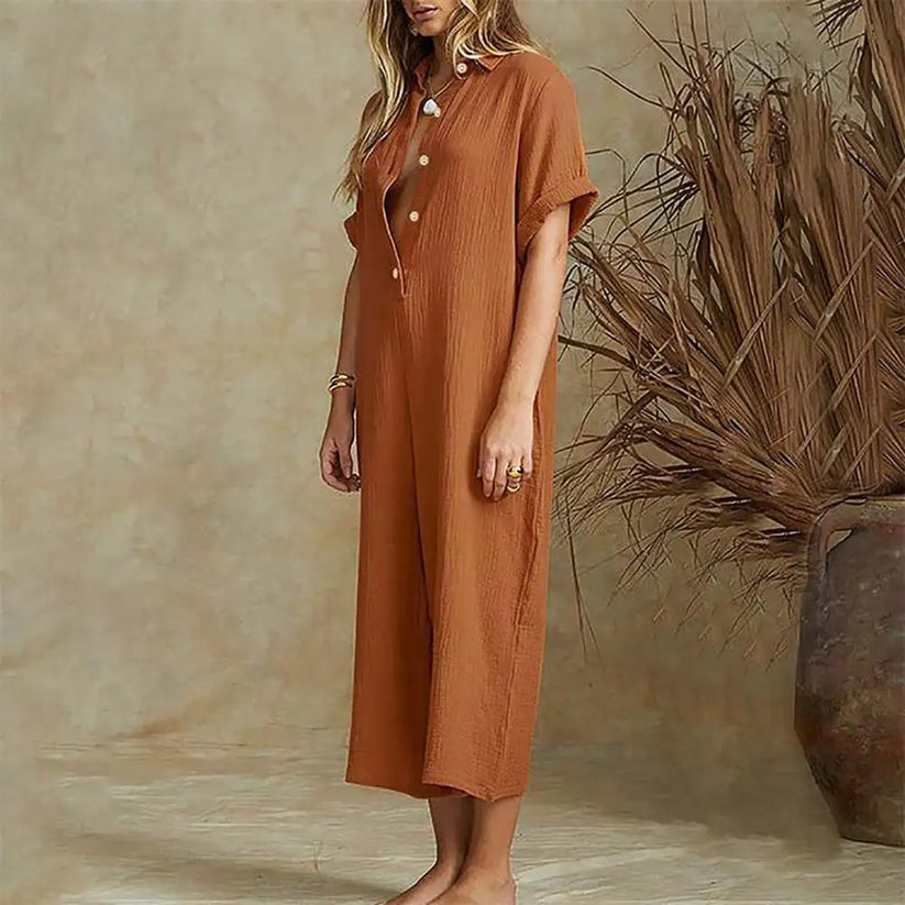 Women’s Textured Button-Down Summer Short Sleeve Jumpsuit | Ideal for Summer