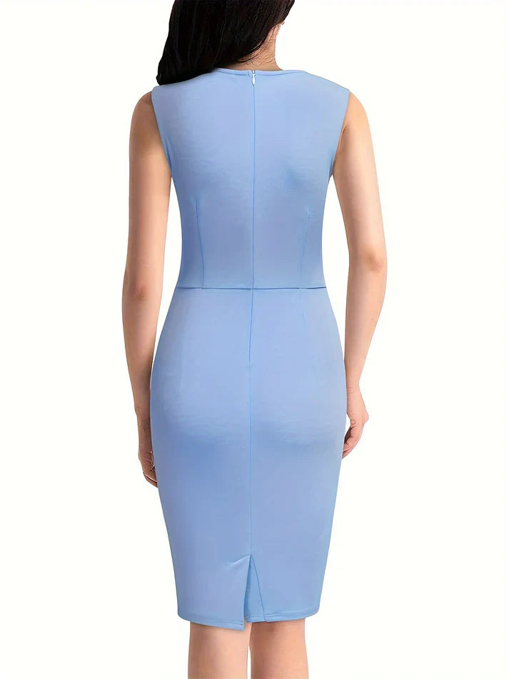 Casual Tucked Solid Bodycon Crew Neck Sleeveless Party Formal Dress for Women | Ideal for All Seasons