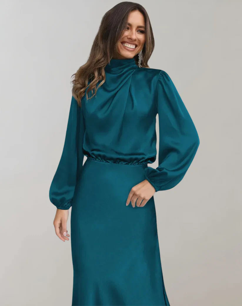 Women's Stylish High Neck Long Sleeve Satin Dress | Ideal for Spring/Summer