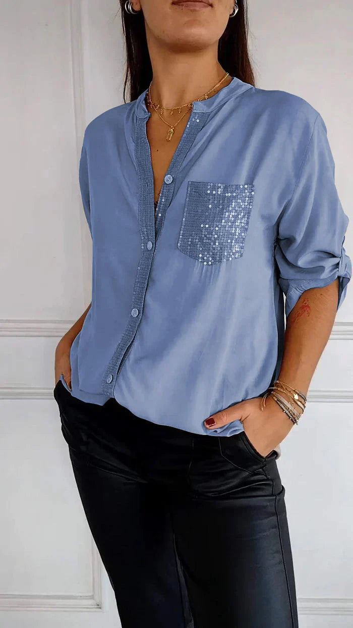 Susie - Chic V-Neck Shirt with Sparkling Sequin Details for Women