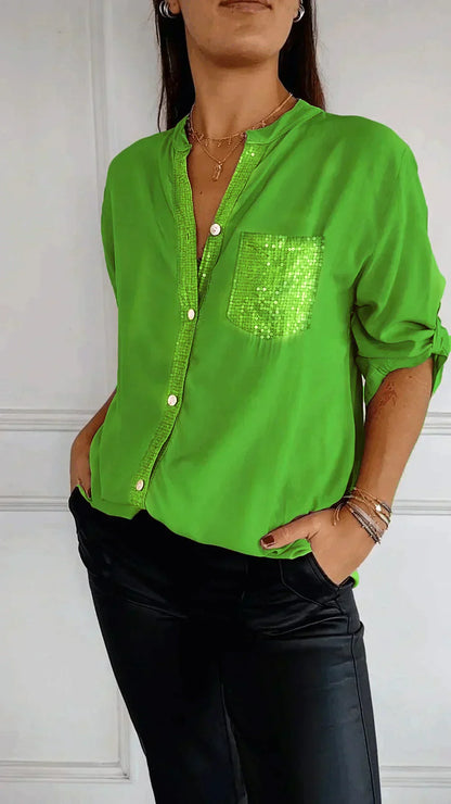 Susie - Chic V-Neck Shirt with Sparkling Sequin Details for Women