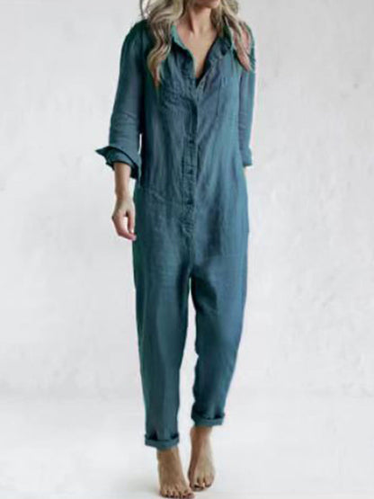 Women's Casual Long Sleeve Plain Jumpsuit with Buttons | Ideal for Spring/Summer