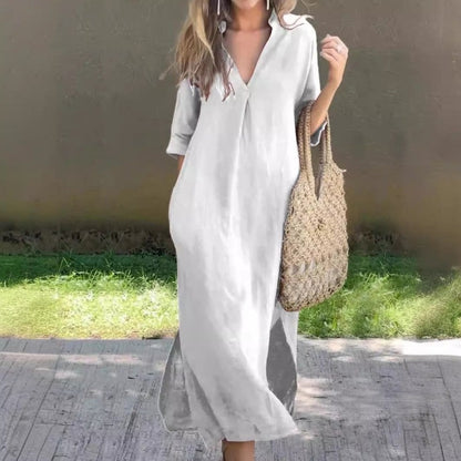 Hannah- Chic and Breezy V-Neck Linen Dress for Women