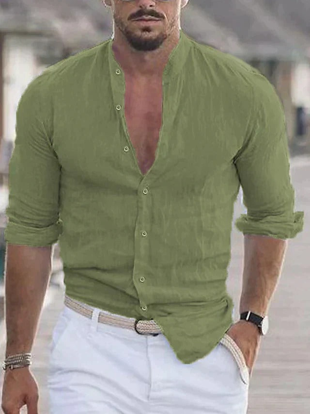 Men's Comfortable Solid Colour Linen Button-Up Shirt | Ideal for Spring/Summer