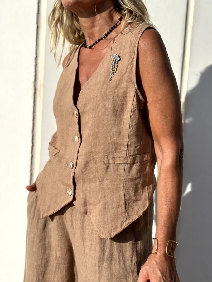 Women's Stylish Summer Brown Linen Vest and Pants Two piece Set | Ideal for Spring/Summer