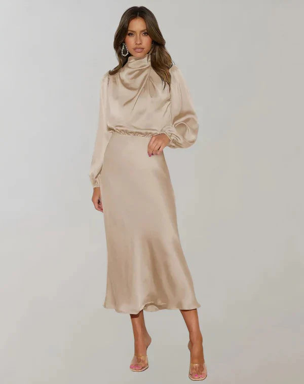 Women's Stylish High Neck Long Sleeve Satin Dress | Ideal for Spring/Summer