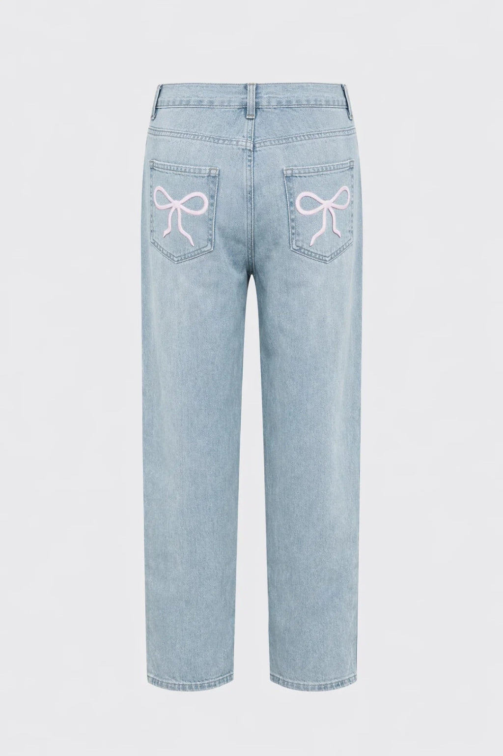 Elegant Light Blue Cherry Embroidered Jeans for Women with High Waisted Straight Leg Relaxed Casual Style