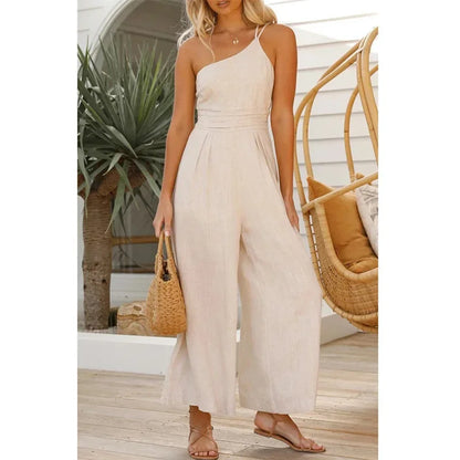 Caroline - Elegant Backless Wide-Leg Jumpsuit – Double Strap Waist-Pleated Design