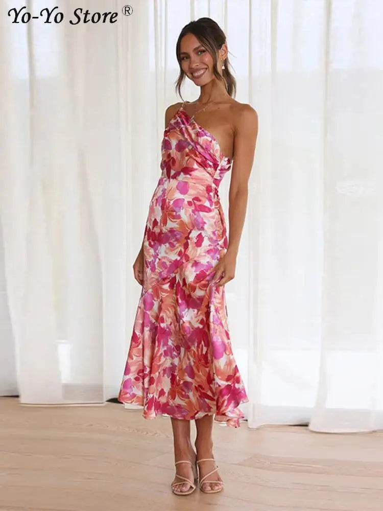 Grace- Chic One-Shoulder Pleated Floral Print Dress for Women