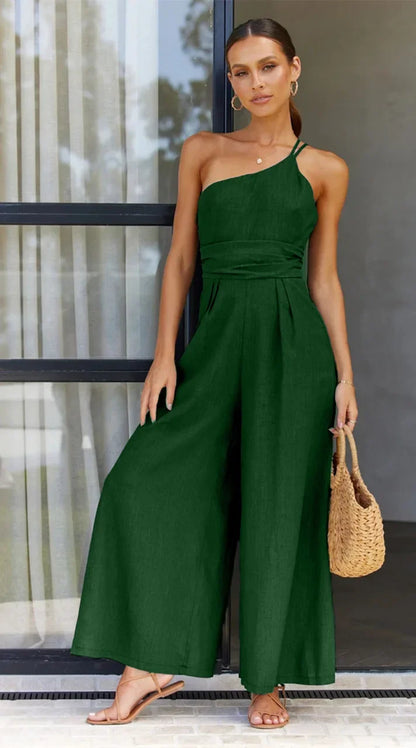 Caroline - Elegant Backless Wide-Leg Jumpsuit – Double Strap Waist-Pleated Design