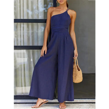 Caroline - Elegant Backless Wide-Leg Jumpsuit – Double Strap Waist-Pleated Design