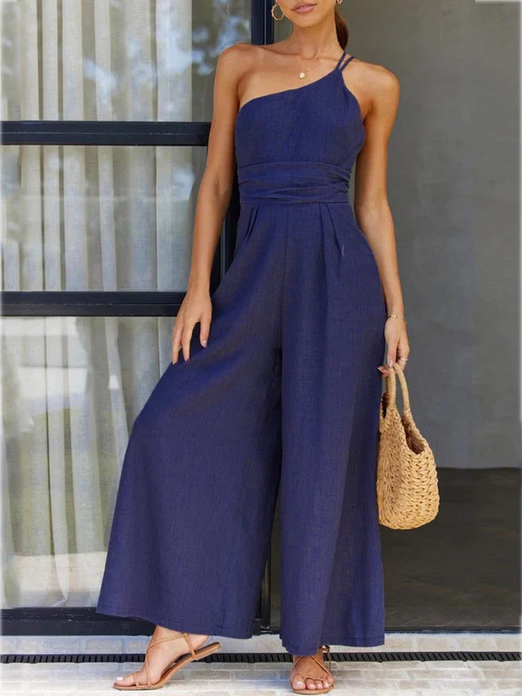 Caroline - Elegant Backless Wide-Leg Jumpsuit – Double Strap Waist-Pleated Design