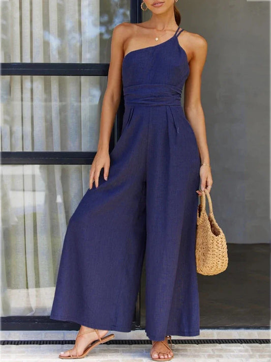 Caroline - Elegant Backless Wide-Leg Jumpsuit – Double Strap Waist-Pleated Design