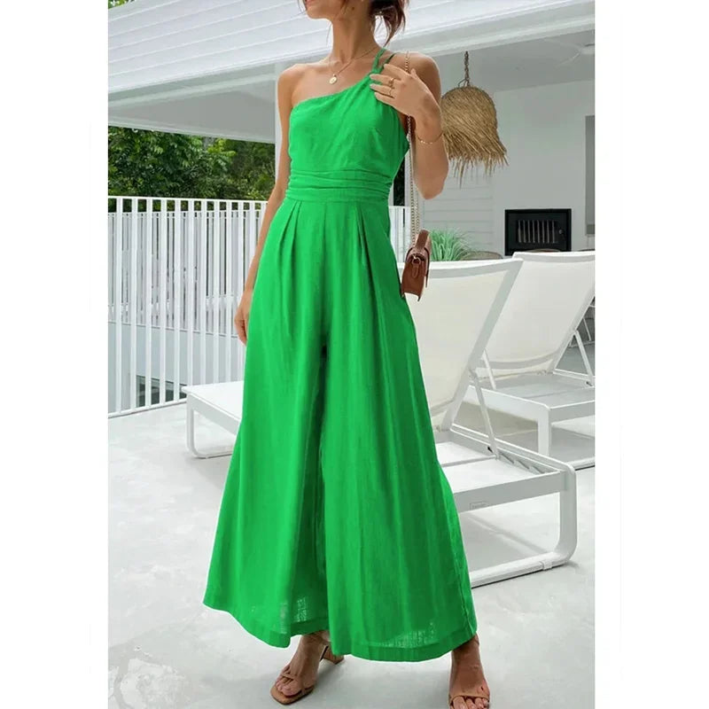 Caroline - Elegant Backless Wide-Leg Jumpsuit – Double Strap Waist-Pleated Design