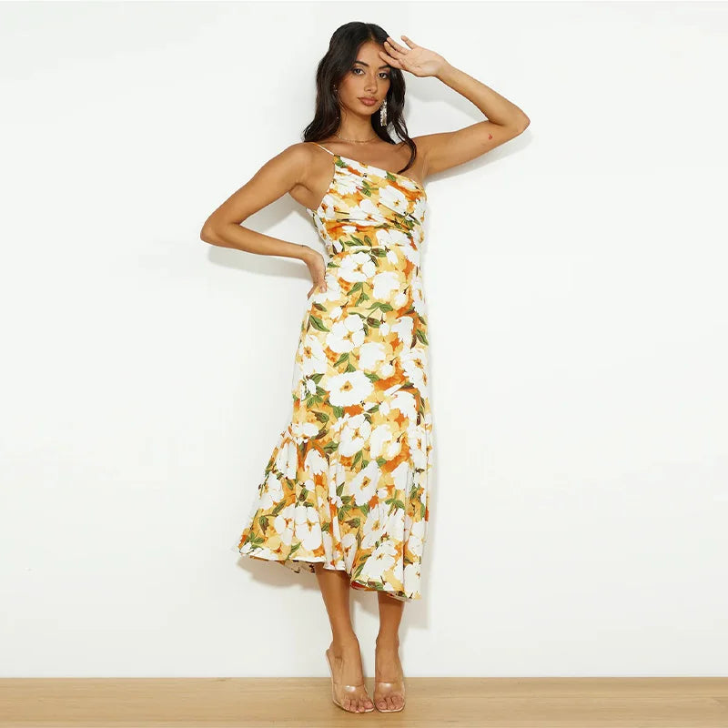 Grace- Chic One-Shoulder Pleated Floral Print Dress for Women