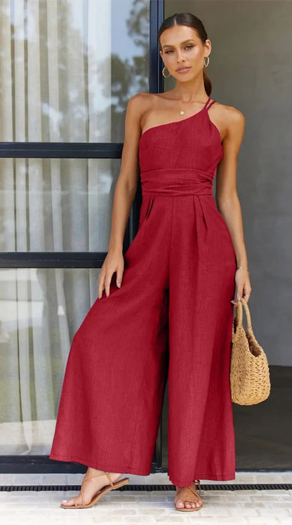 Caroline - Elegant Backless Wide-Leg Jumpsuit – Double Strap Waist-Pleated Design