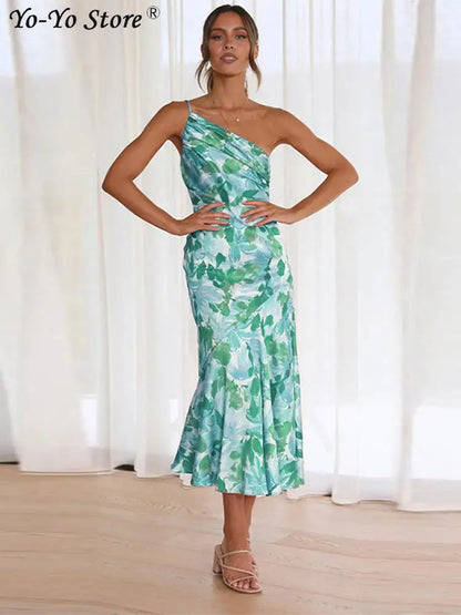 Grace- Chic One-Shoulder Pleated Floral Print Dress for Women