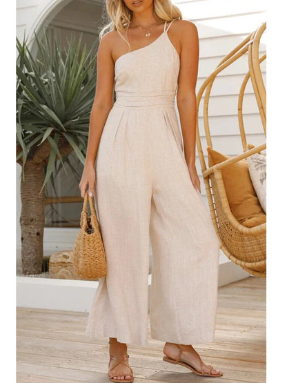 Caroline - Elegant Backless Wide-Leg Jumpsuit – Double Strap Waist-Pleated Design