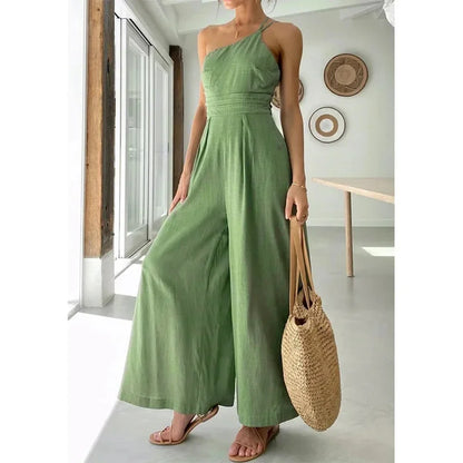 Caroline - Elegant Backless Wide-Leg Jumpsuit – Double Strap Waist-Pleated Design