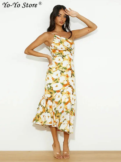 Grace- Chic One-Shoulder Pleated Floral Print Dress for Women