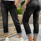 Effortless Black Denim Mom Jeans for Women with High Waist Drawstring Cuffed Tapered Style