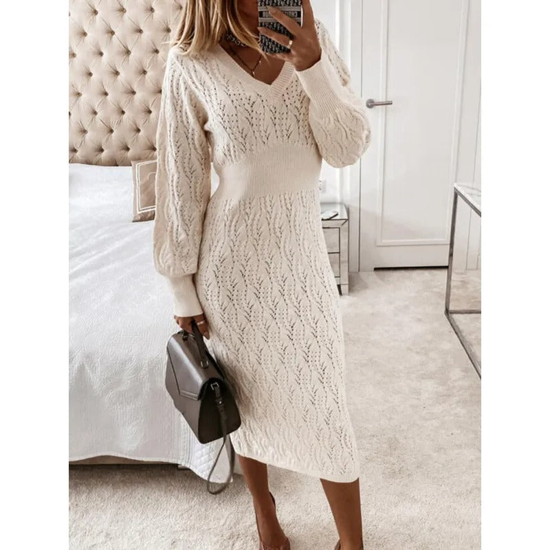 Casual cotton Solid Eyelet Sweater V-Neck Long Sleeve Midi Formal Dress for Women | Ideal for Formal Occasions