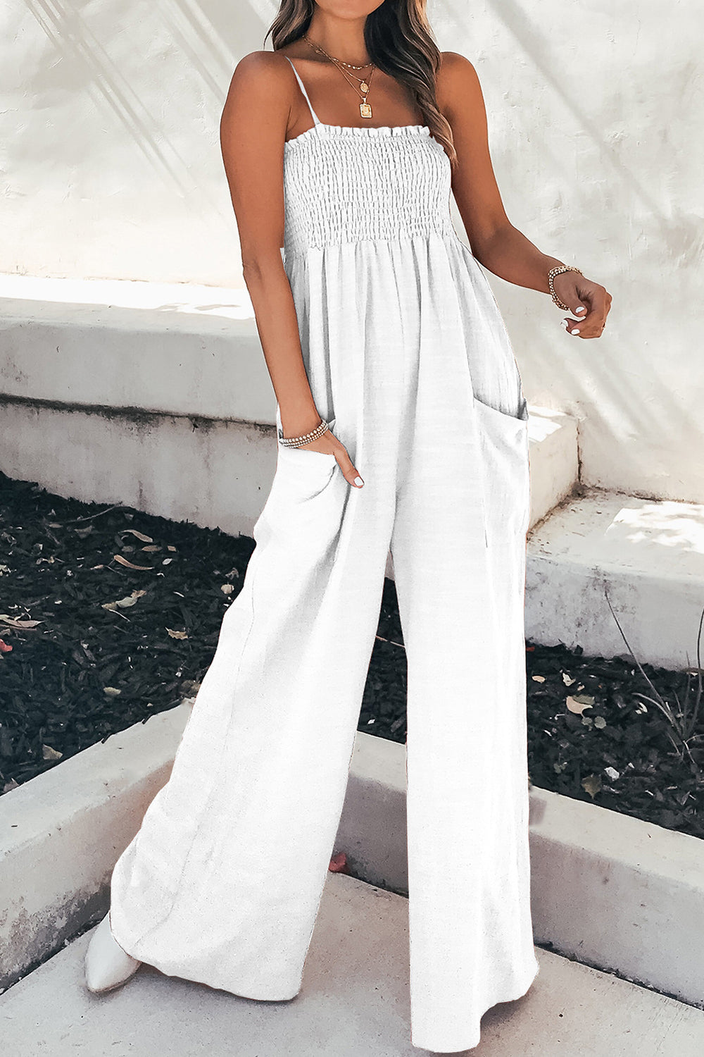 Women's Casual Sleeveless Summer Jumpsuit with Smoke Upper and Pockets | Ideal for Spring/Summer