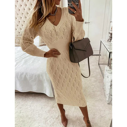 Casual cotton Solid Eyelet Sweater V-Neck Long Sleeve Midi Formal Dress for Women | Ideal for Formal Occasions