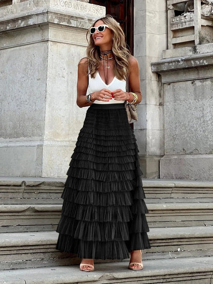 Bentley - Elegant Pleated Maxi Skirt with Ruffles for Women