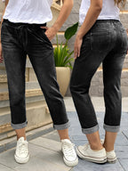 Effortless Black Denim Mom Jeans for Women with High Waist Drawstring Cuffed Tapered Style