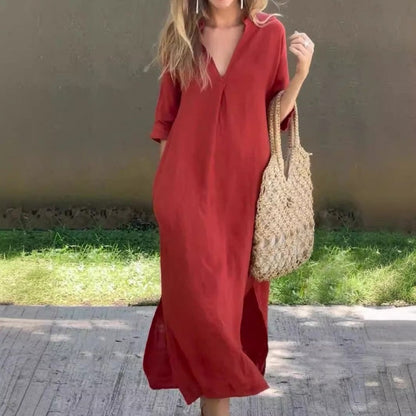 Hannah- Chic and Breezy V-Neck Linen Dress for Women