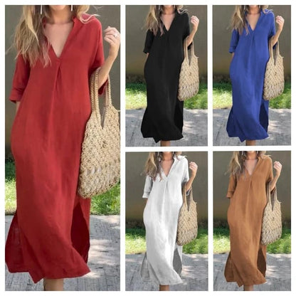 Hannah- Chic and Breezy V-Neck Linen Dress for Women