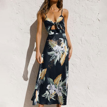 Bethea - Summer midi dress with floral pattern and knot detail