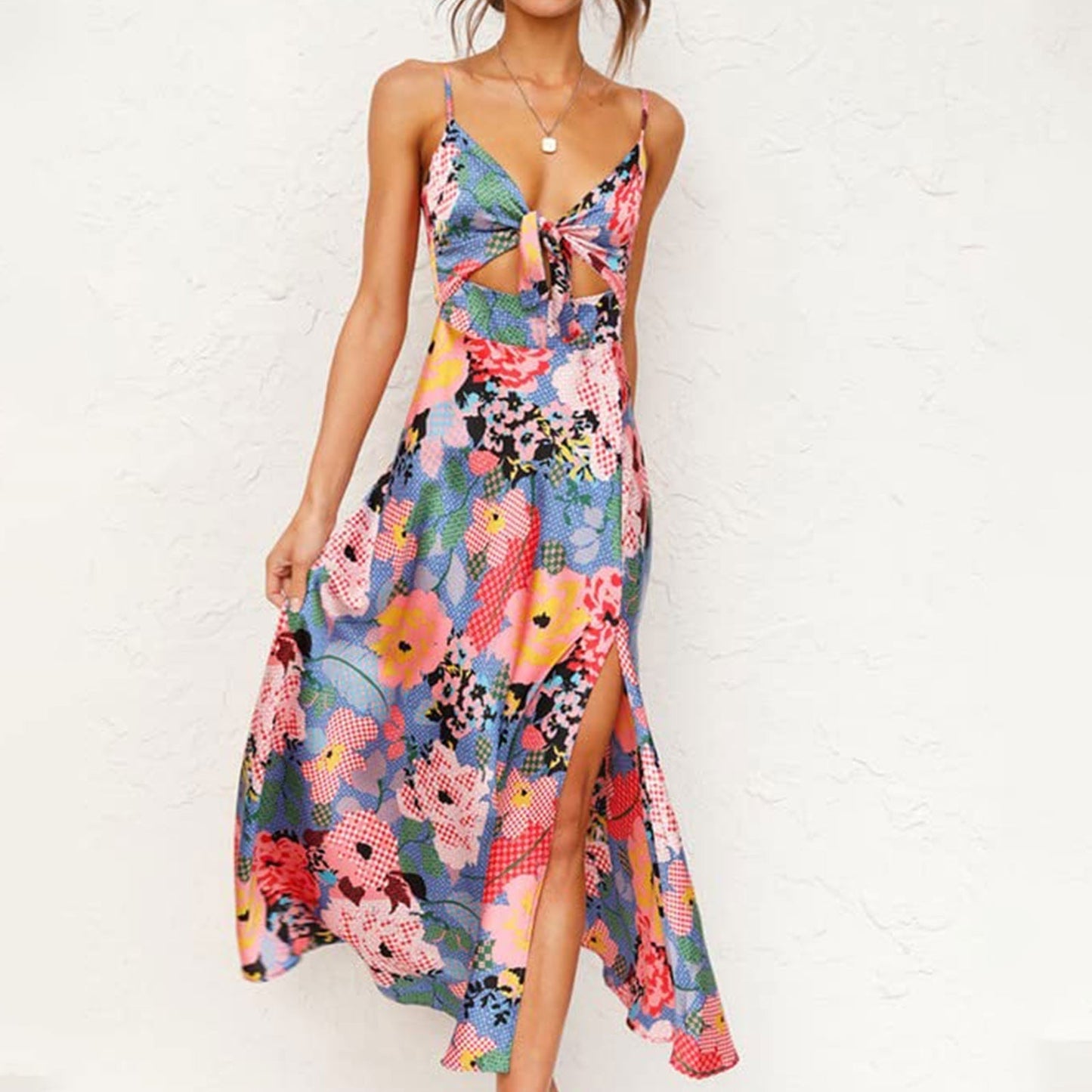 Bethea - Summer midi dress with floral pattern and knot detail