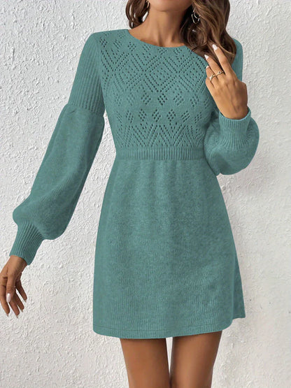 Casual Eyelet Solid Color Knit Lantern Sleeve A-Line Cinched Waist Formal Dress for Women | Ideal for All Seasons