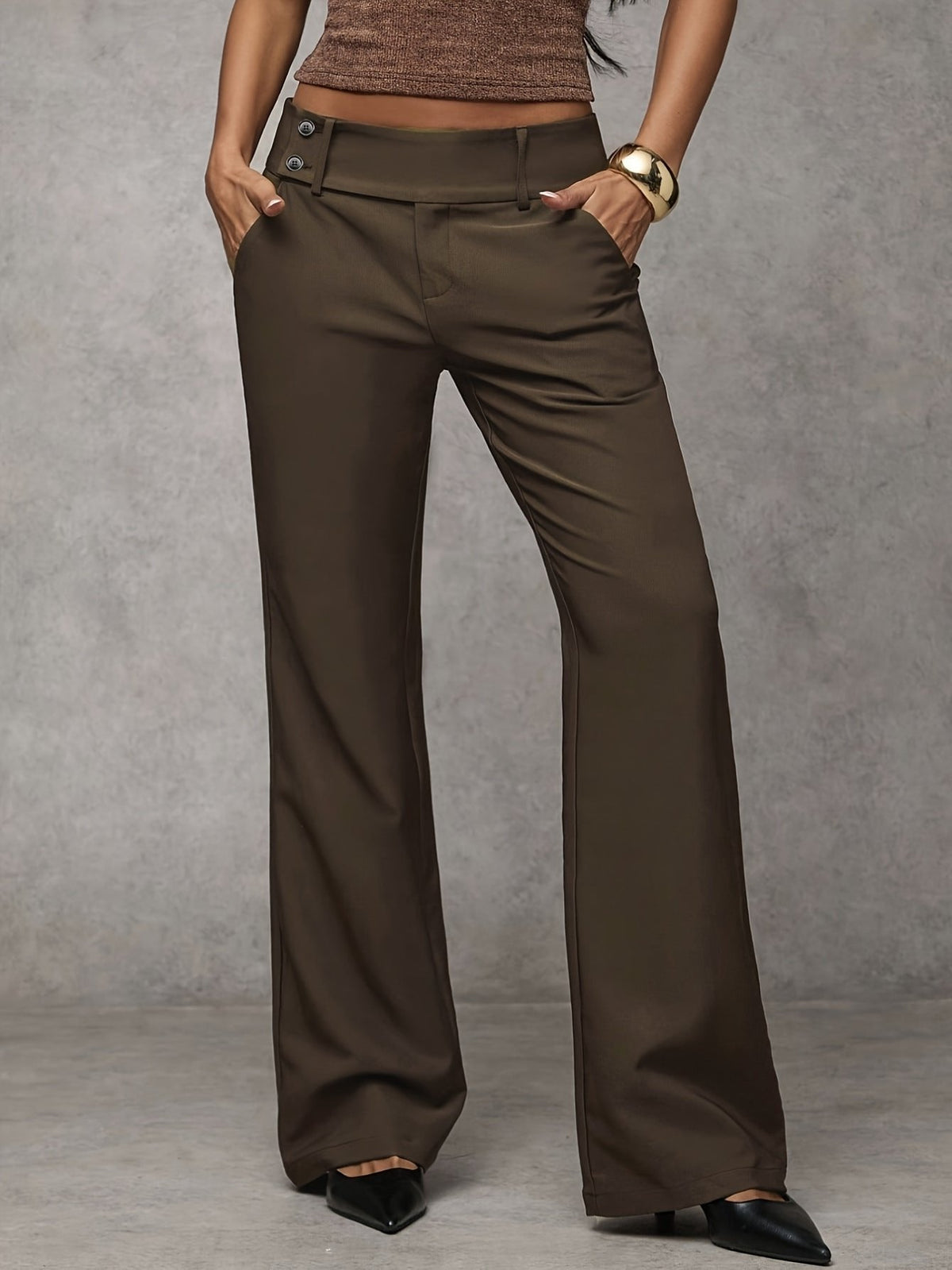 High Waist Wide Leg Trousers with Belt Loops and Slant Pockets