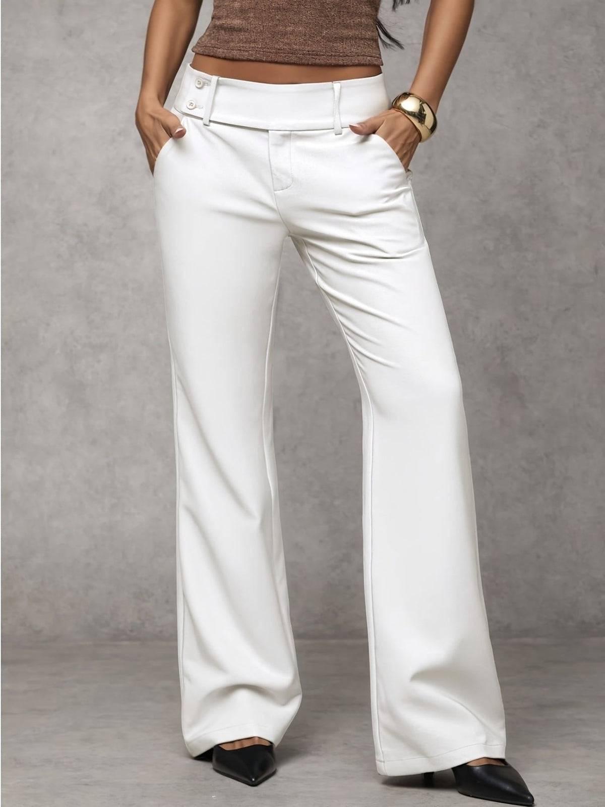 High Waist Wide Leg Trousers with Belt Loops and Slant Pockets