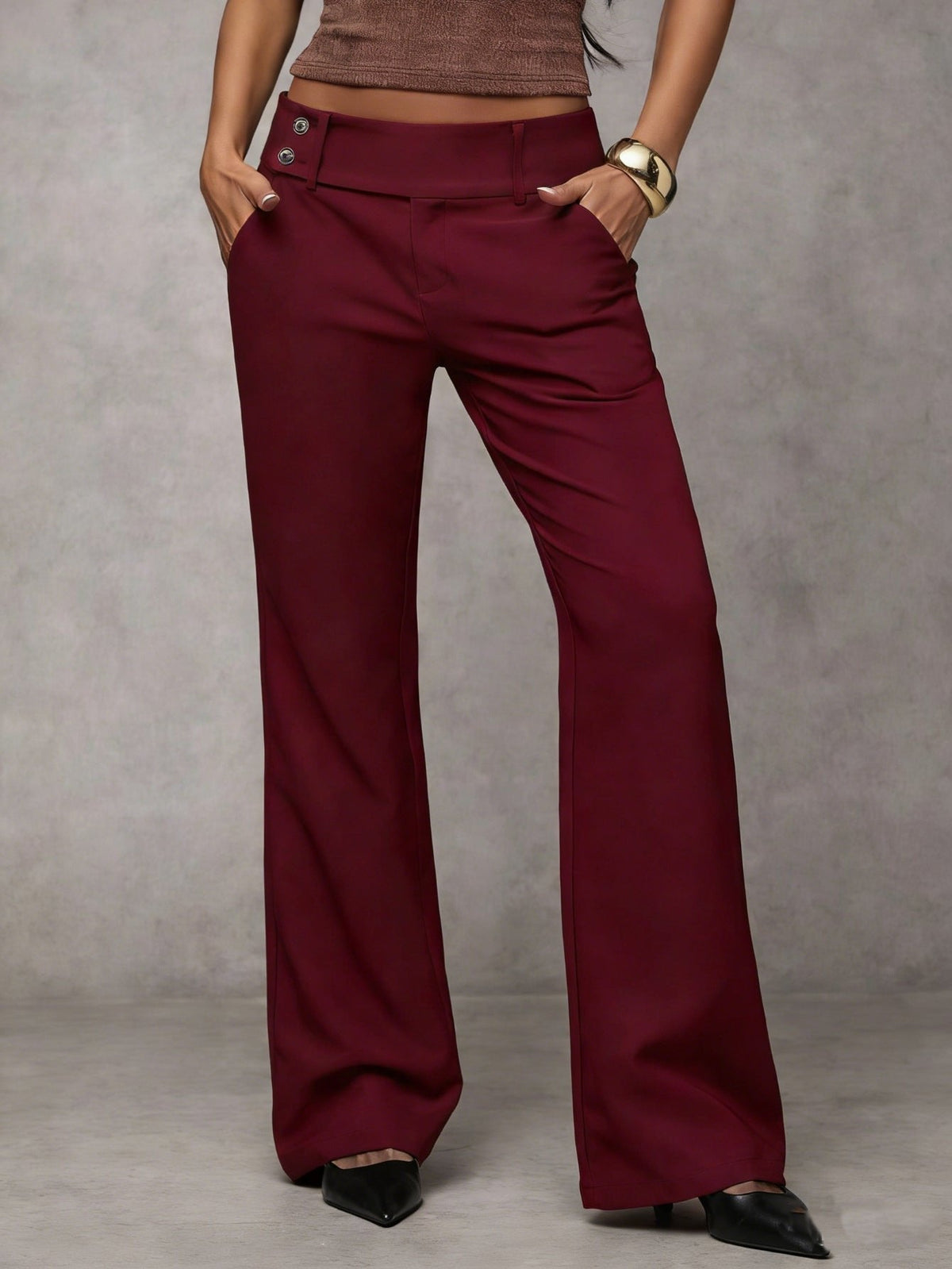 High Waist Wide Leg Trousers with Belt Loops and Slant Pockets